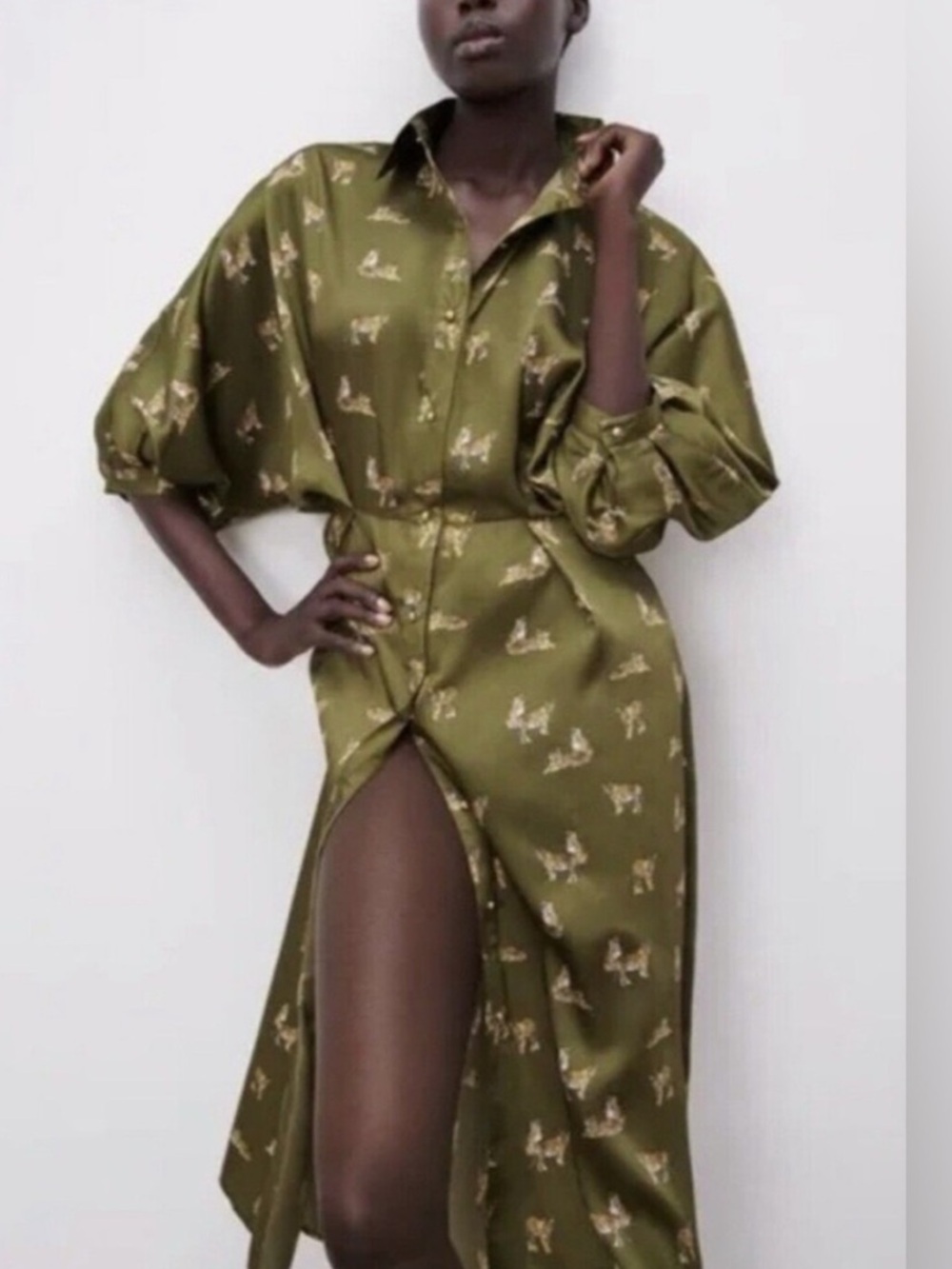 Zara Tiger print olive green silky satin dolman sleeve button front  size xs